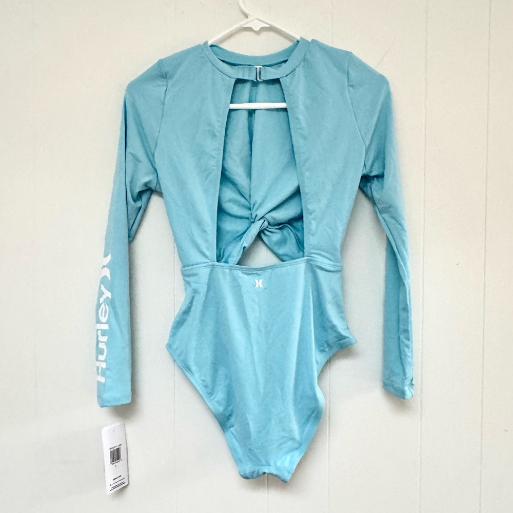 HURLEY Surf Suit Long Sleeve Baby Blue Knot Open Back S NWT Swim Bathing - Picture 2 of 7
